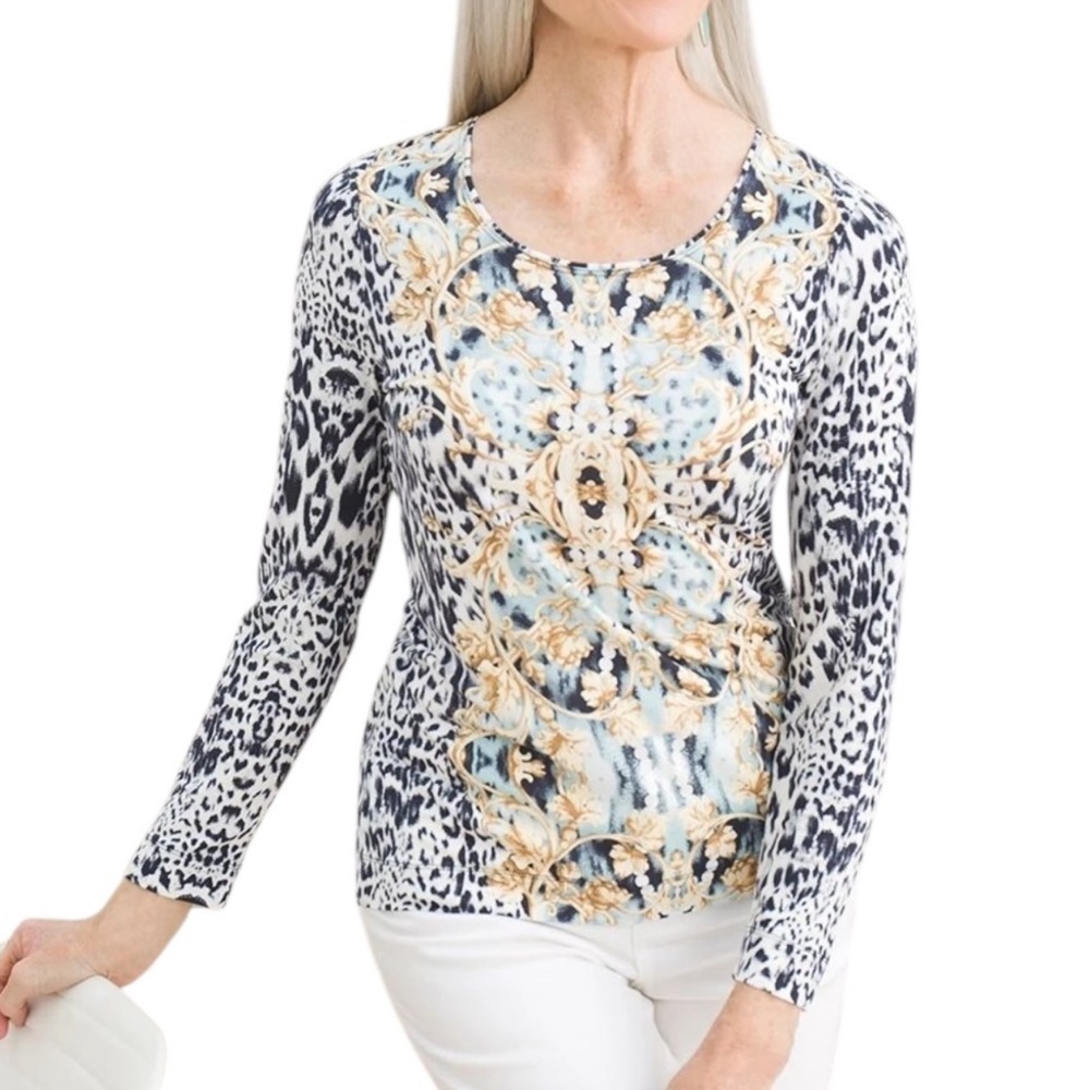 Chicos Tunic Top Multicolor Stretch Boho Office Career Comfort Unique Sz 1. D50